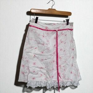 Vintage Y2K Floral Ribbon Skirt White Pink Lace Trim Fairycore Balletcore M